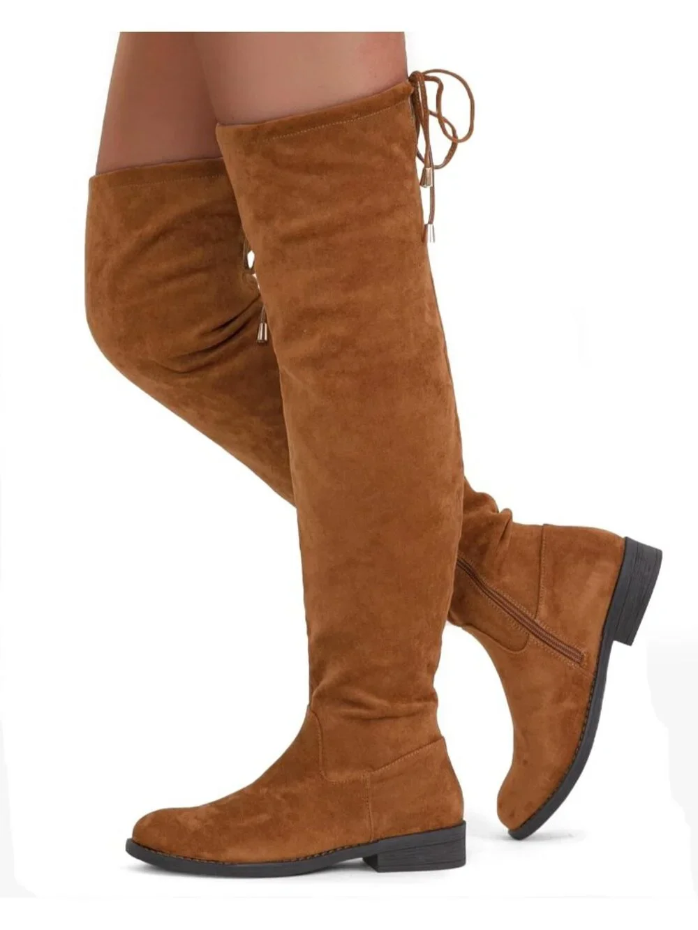 Women's Camel Synthetic Suede Side Zipper Flat Heel Stretch Over The Knee Boots